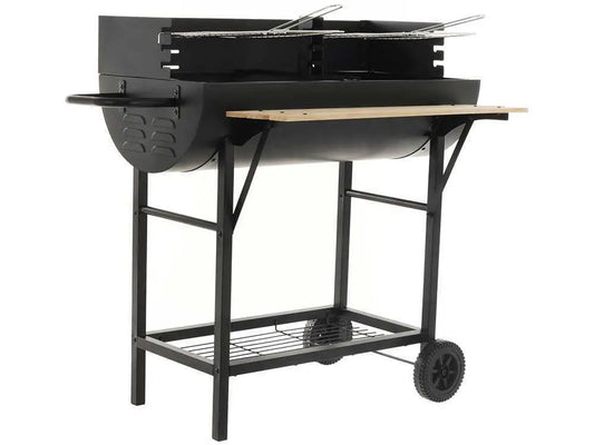 Barbecue à charbon CB 300 X avec doubles grilles en acier inoxydable réglables sur 3 hauteurs, surface de cuisson 2886 cm², tablette frontale et roues de transport. Idéal pour 12 à 15 personnes.