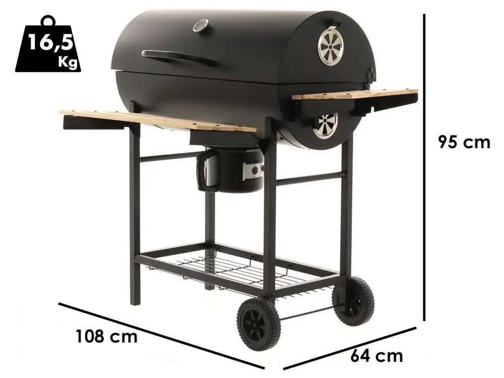 Barbecue à charbon Royal Food CB 450 avec grilles inox, couvercle et thermomètre intégré. Surface de cuisson 2520 cm² idéale pour 9 à 11 personnes. Compact, pratique et performant.