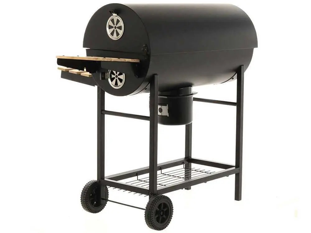 Barbecue à charbon Royal Food CB 450 avec grilles inox, couvercle et thermomètre intégré. Surface de cuisson 2520 cm² idéale pour 9 à 11 personnes. Compact, pratique et performant.