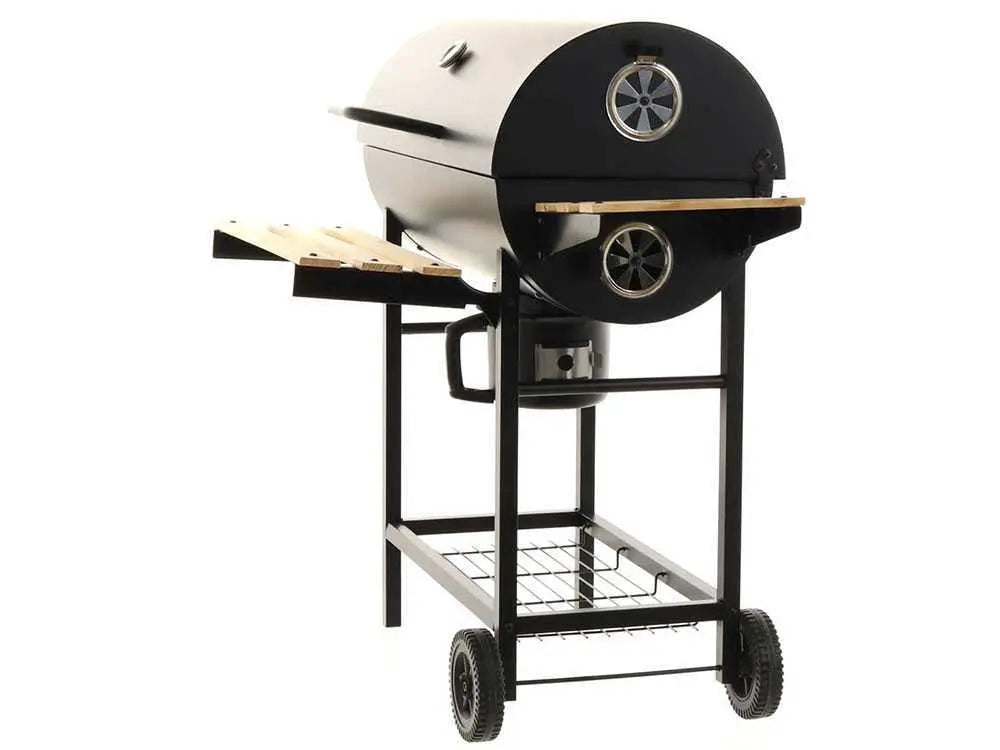 Barbecue à charbon Royal Food CB 450 avec grilles inox, couvercle et thermomètre intégré. Surface de cuisson 2520 cm² idéale pour 9 à 11 personnes. Compact, pratique et performant.