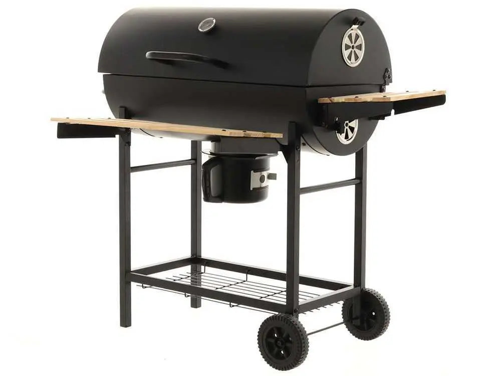 Barbecue à charbon Royal Food CB 450 avec grilles inox, couvercle et thermomètre intégré. Surface de cuisson 2520 cm² idéale pour 9 à 11 personnes. Compact, pratique et performant.