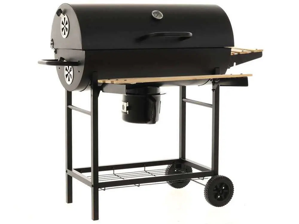 Barbecue à charbon Royal Food CB 450 avec grilles inox, couvercle et thermomètre intégré. Surface de cuisson 2520 cm² idéale pour 9 à 11 personnes. Compact, pratique et performant.
