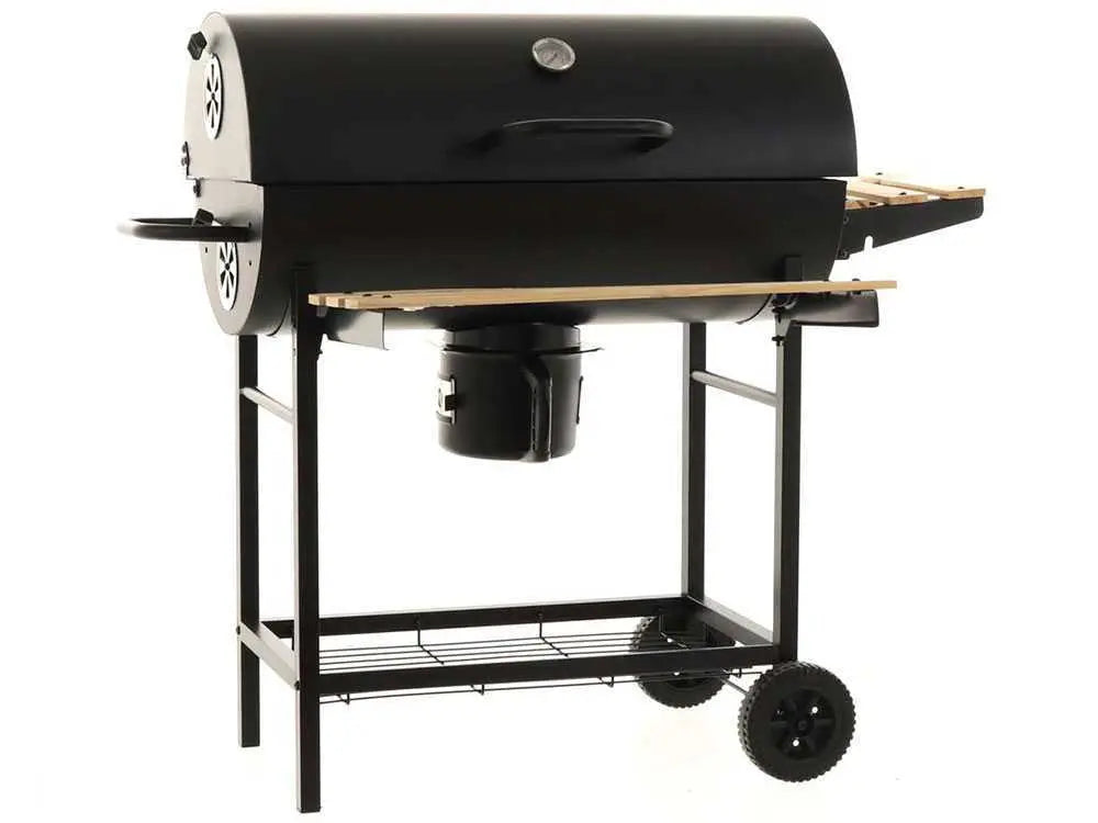 Barbecue à charbon Royal Food CB 450 avec grilles inox, couvercle et thermomètre intégré. Surface de cuisson 2520 cm² idéale pour 9 à 11 personnes. Compact, pratique et performant.