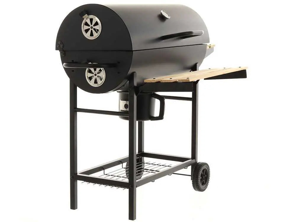 Barbecue à charbon Royal Food CB 450 avec grilles inox, couvercle et thermomètre intégré. Surface de cuisson 2520 cm² idéale pour 9 à 11 personnes. Compact, pratique et performant.