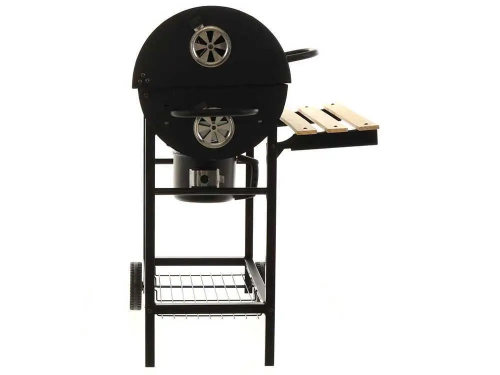 Barbecue à charbon Royal Food CB 450 avec grilles inox, couvercle et thermomètre intégré. Surface de cuisson 2520 cm² idéale pour 9 à 11 personnes. Compact, pratique et performant.