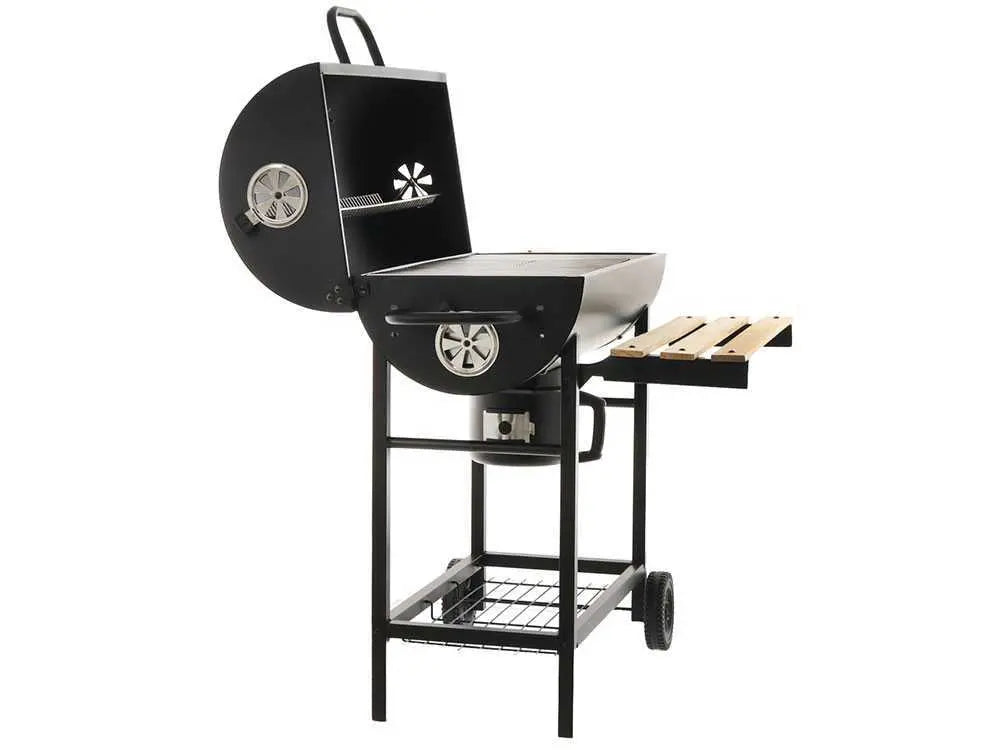 Barbecue à charbon Royal Food CB 450 avec grilles inox, couvercle et thermomètre intégré. Surface de cuisson 2520 cm² idéale pour 9 à 11 personnes. Compact, pratique et performant.