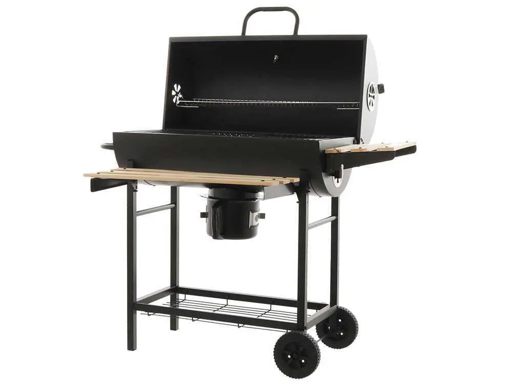 Barbecue à charbon Royal Food CB 450 avec grilles inox, couvercle et thermomètre intégré. Surface de cuisson 2520 cm² idéale pour 9 à 11 personnes. Compact, pratique et performant.
