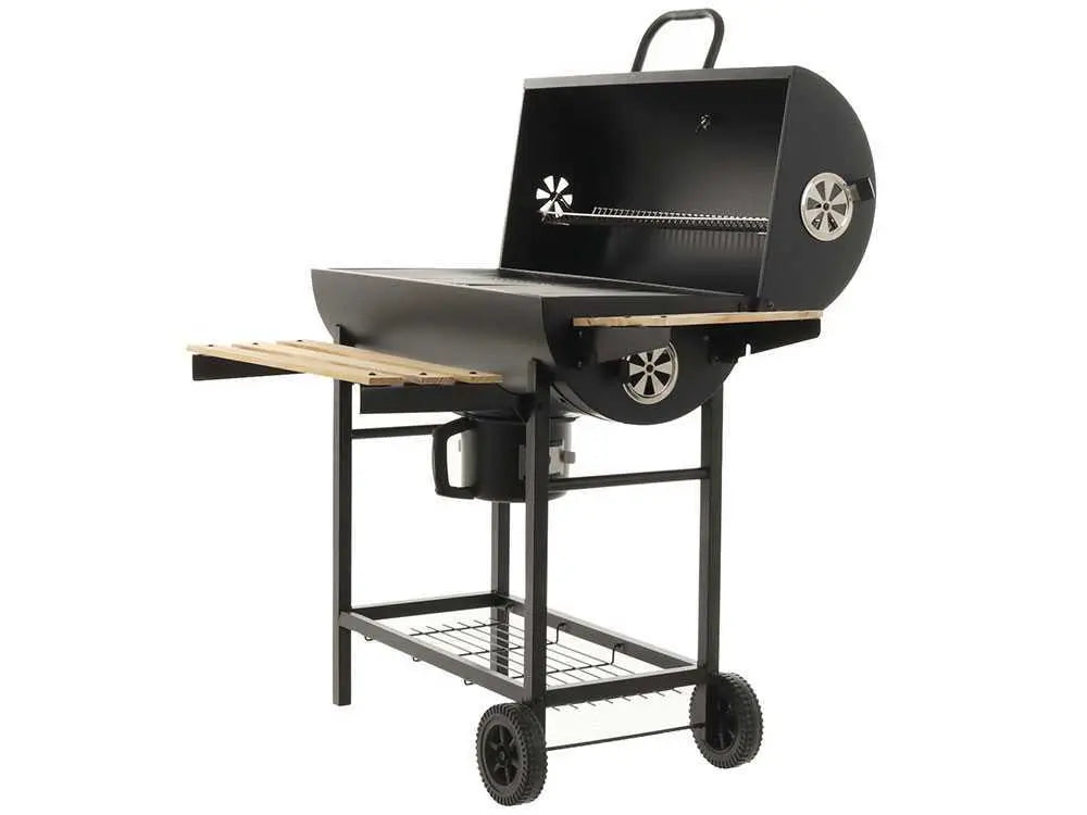 Barbecue à charbon Royal Food CB 450 avec grilles inox, couvercle et thermomètre intégré. Surface de cuisson 2520 cm² idéale pour 9 à 11 personnes. Compact, pratique et performant.