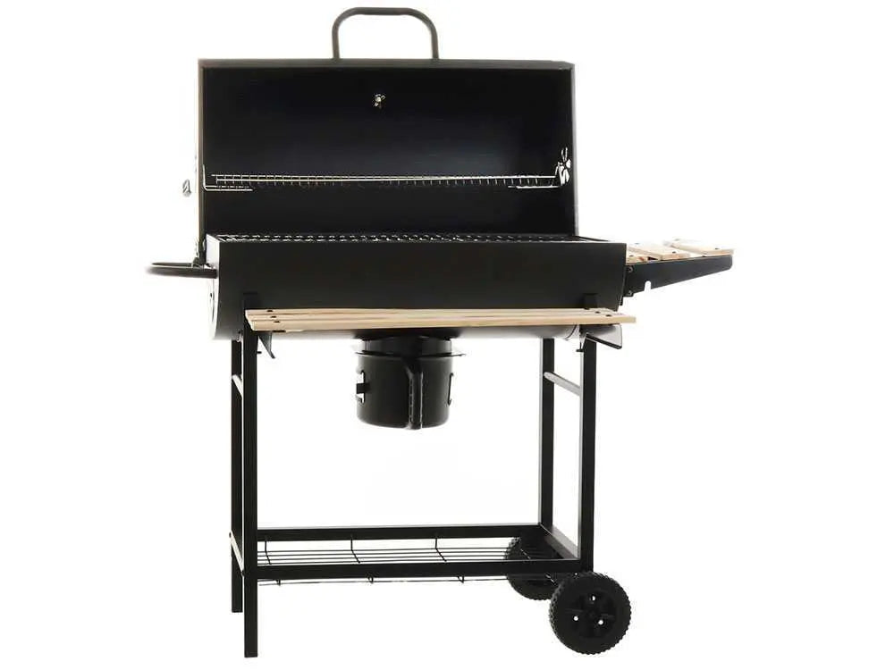 Barbecue à charbon Royal Food CB 450 avec grilles inox, couvercle et thermomètre intégré. Surface de cuisson 2520 cm² idéale pour 9 à 11 personnes. Compact, pratique et performant.