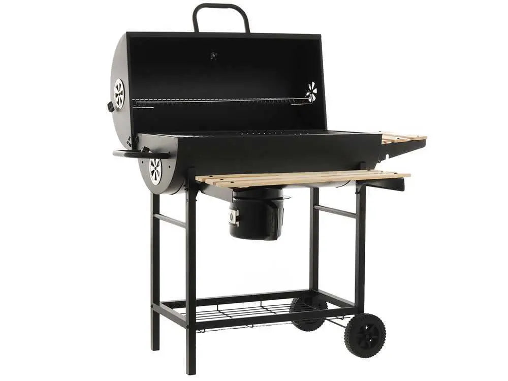Barbecue à charbon Royal Food CB 450 avec grilles inox, couvercle et thermomètre intégré. Surface de cuisson 2520 cm² idéale pour 9 à 11 personnes. Compact, pratique et performant.