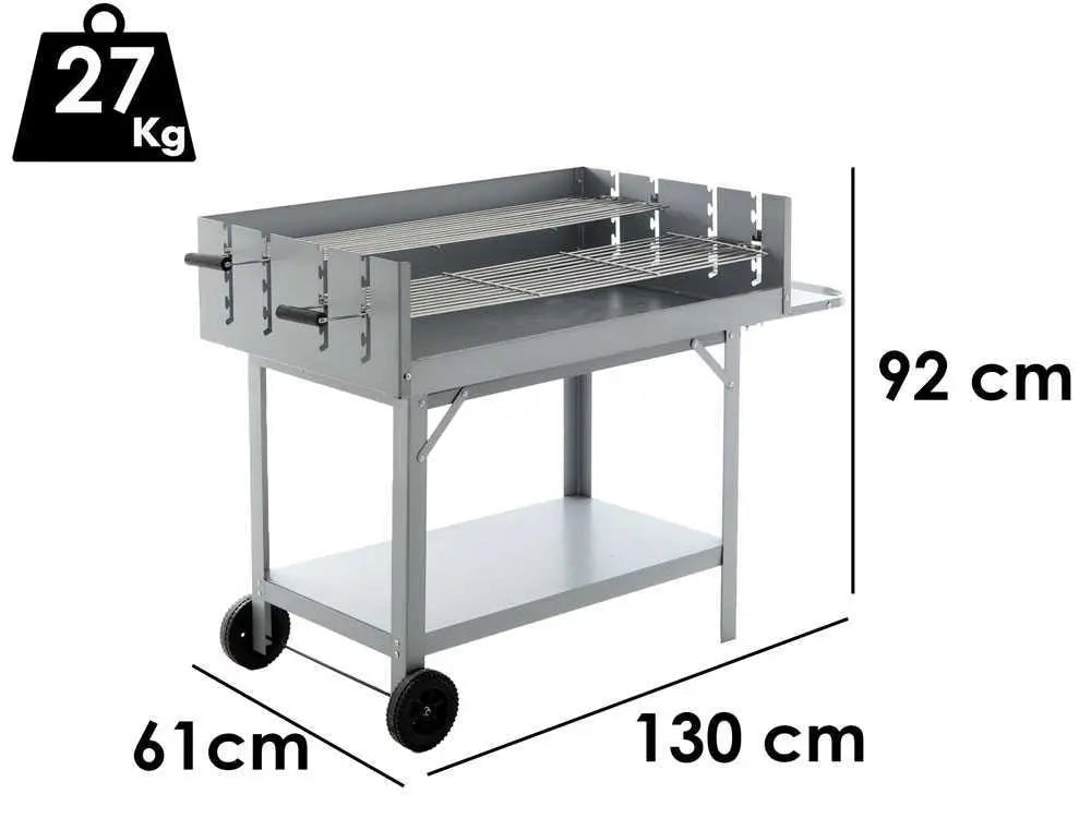 Barbecue à charbon RoyalFood CB 550S avec double grille inox réglable sur 5 hauteurs, surface de cuisson 5320 cm², tablettes de rangement et roues de transport. Idéal pour 21 à 45 personnes.