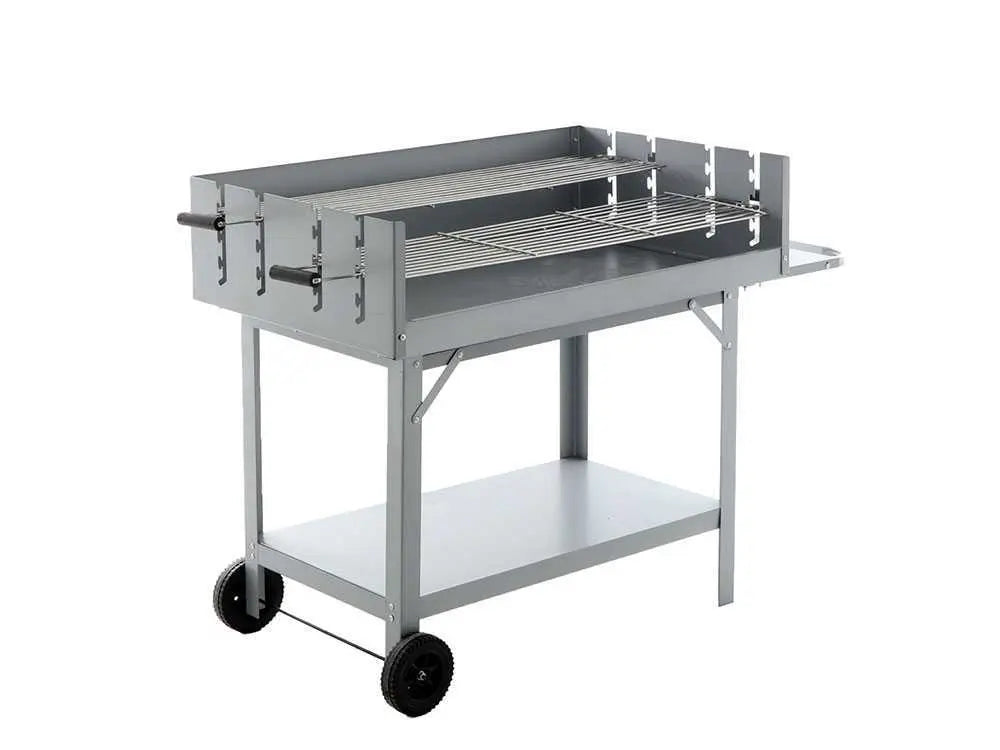 Barbecue à charbon RoyalFood CB 550S avec double grille inox réglable sur 5 hauteurs, surface de cuisson 5320 cm², tablettes de rangement et roues de transport. Idéal pour 21 à 45 personnes.