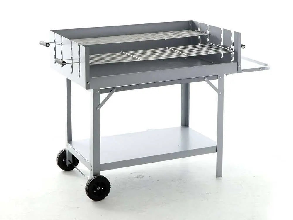 Barbecue à charbon RoyalFood CB 550S avec double grille inox réglable sur 5 hauteurs, surface de cuisson 5320 cm², tablettes de rangement et roues de transport. Idéal pour 21 à 45 personnes.