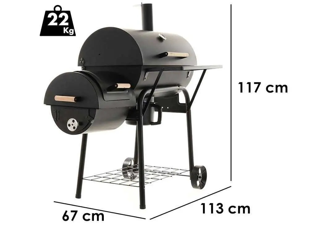 Barbecue à charbon Royal Food CB 650-2 avec fumoir, grilles inox, couvercle et surface de cuisson supplémentaire. Idéal pour grillades, fumage et cuisson indirecte jusqu’à 11 personnes.