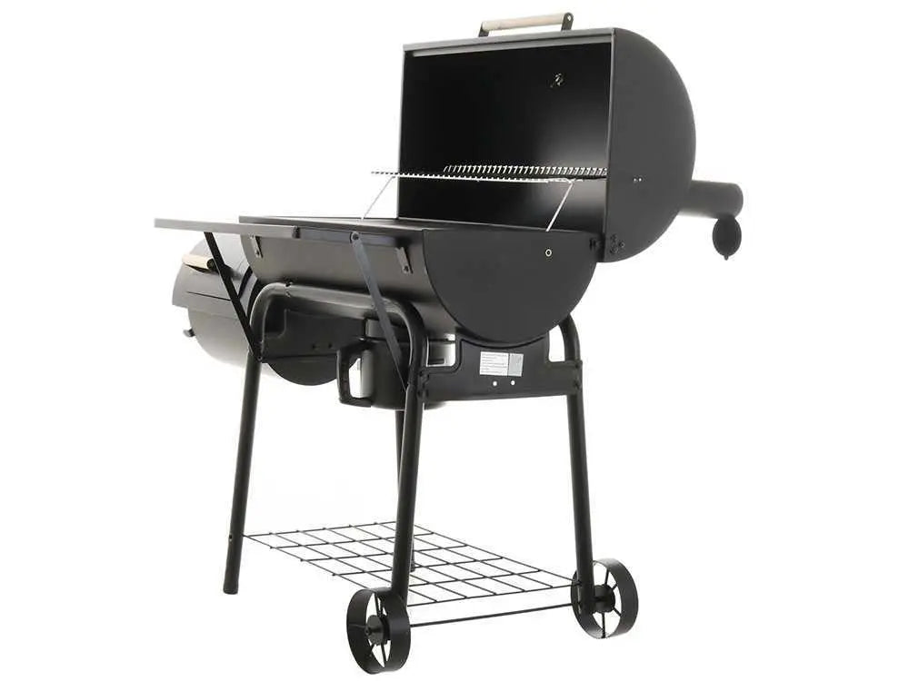 Barbecue à charbon Royal Food CB 650-2 avec fumoir, grilles inox, couvercle et surface de cuisson supplémentaire. Idéal pour grillades, fumage et cuisson indirecte jusqu’à 11 personnes.