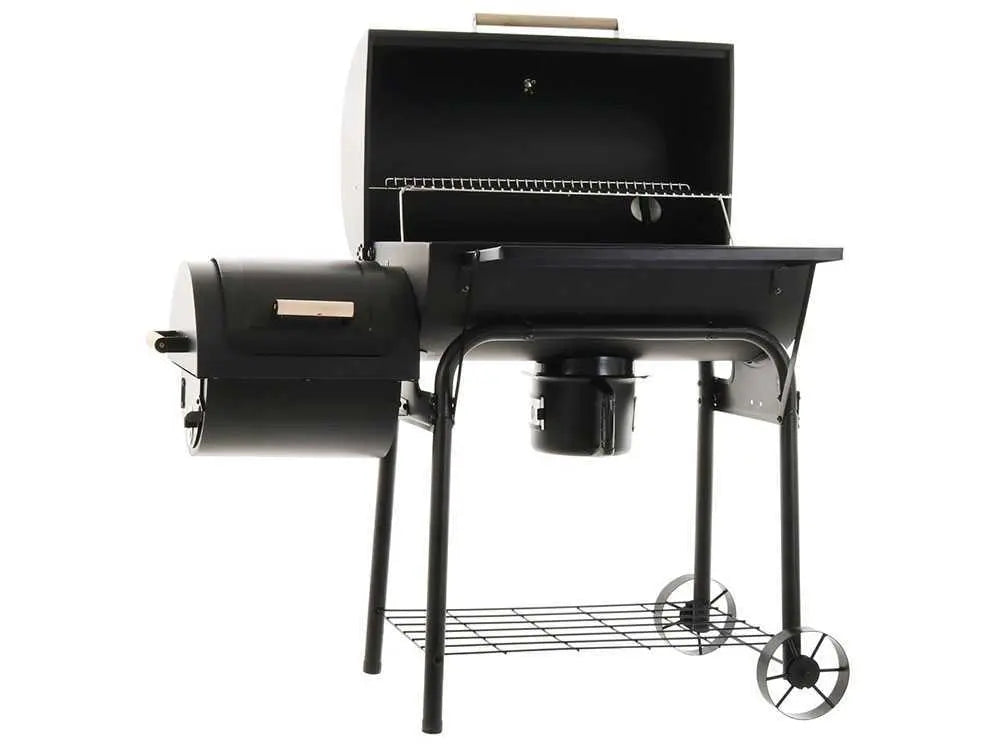 Barbecue à charbon Royal Food CB 650-2 avec fumoir, grilles inox, couvercle et surface de cuisson supplémentaire. Idéal pour grillades, fumage et cuisson indirecte jusqu’à 11 personnes.