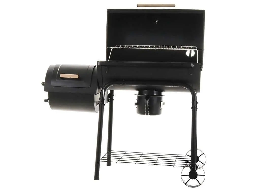 Barbecue à charbon Royal Food CB 650-2 avec fumoir, grilles inox, couvercle et surface de cuisson supplémentaire. Idéal pour grillades, fumage et cuisson indirecte jusqu’à 11 personnes.