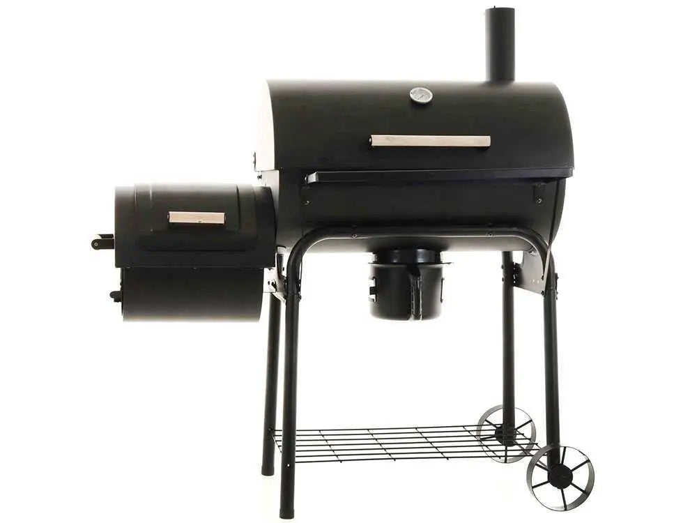 Barbecue à charbon Royal Food CB 650-2 avec fumoir, grilles inox, couvercle et surface de cuisson supplémentaire. Idéal pour grillades, fumage et cuisson indirecte jusqu’à 11 personnes.