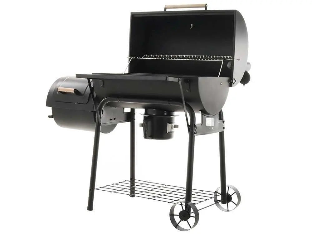 Barbecue à charbon Royal Food CB 650-2 avec fumoir, grilles inox, couvercle et surface de cuisson supplémentaire. Idéal pour grillades, fumage et cuisson indirecte jusqu’à 11 personnes.