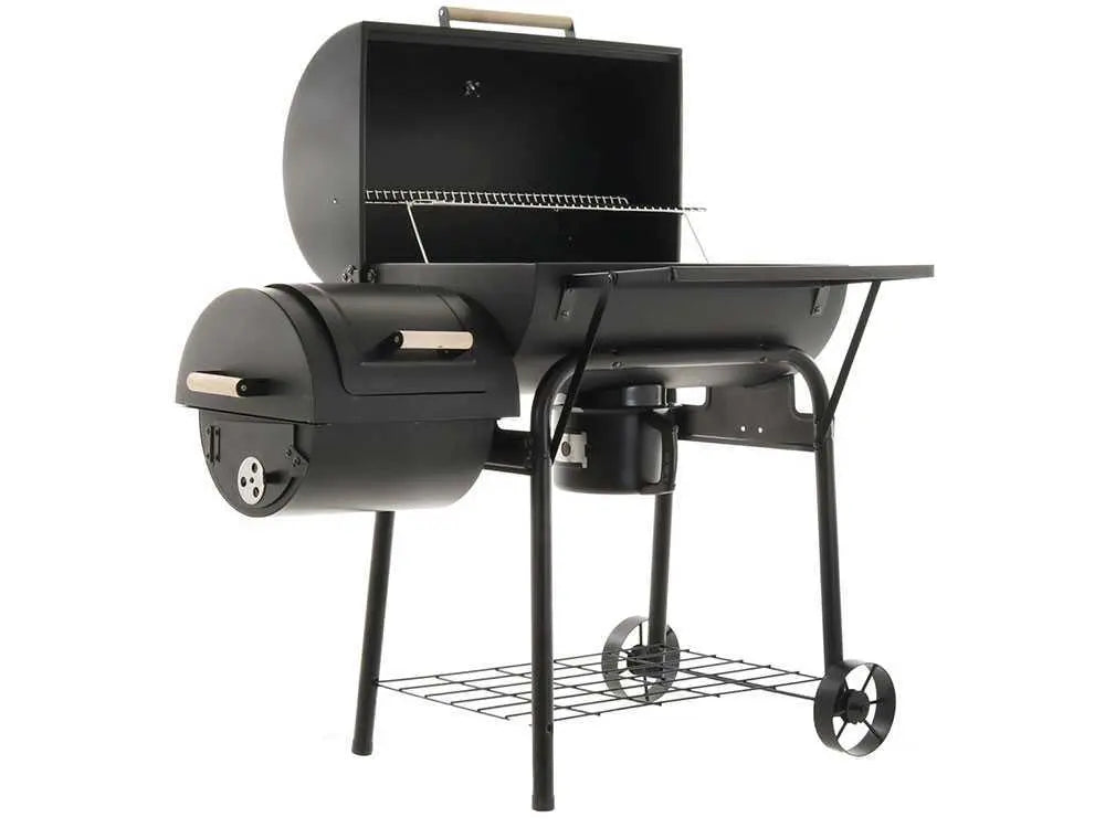 Barbecue à charbon Royal Food CB 650-2 avec fumoir, grilles inox, couvercle et surface de cuisson supplémentaire. Idéal pour grillades, fumage et cuisson indirecte jusqu’à 11 personnes.