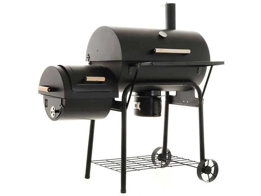 Barbecue à charbon Royal Food CB 650-2 avec fumoir, grilles inox, couvercle et surface de cuisson supplémentaire. Idéal pour grillades, fumage et cuisson indirecte jusqu’à 11 personnes.