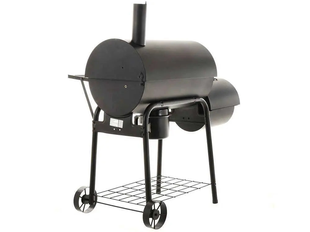 Barbecue à charbon Royal Food CB 650-2 avec fumoir, grilles inox, couvercle et surface de cuisson supplémentaire. Idéal pour grillades, fumage et cuisson indirecte jusqu’à 11 personnes.