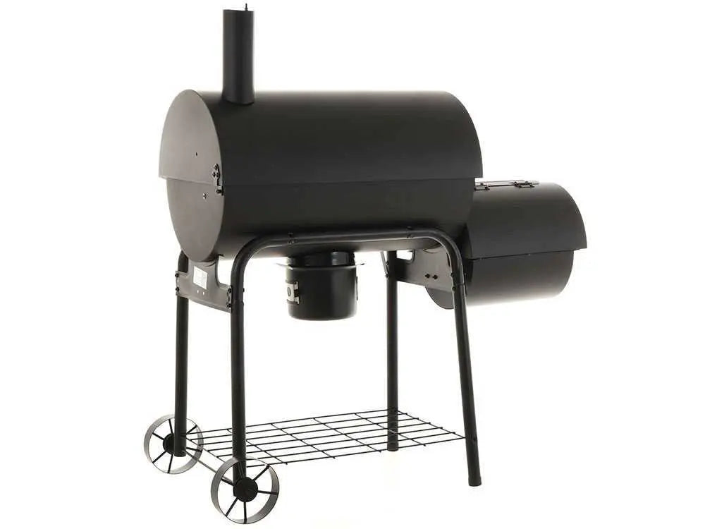 Barbecue à charbon Royal Food CB 650-2 avec fumoir, grilles inox, couvercle et surface de cuisson supplémentaire. Idéal pour grillades, fumage et cuisson indirecte jusqu’à 11 personnes.