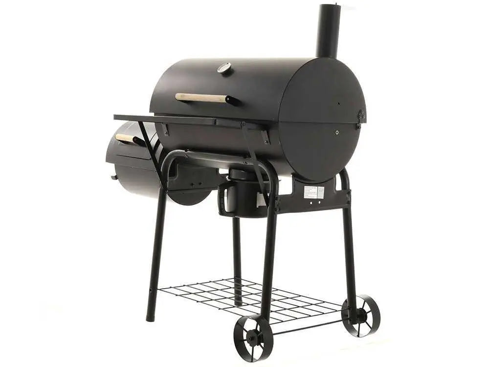 Barbecue à charbon Royal Food CB 650-2 avec fumoir, grilles inox, couvercle et surface de cuisson supplémentaire. Idéal pour grillades, fumage et cuisson indirecte jusqu’à 11 personnes.