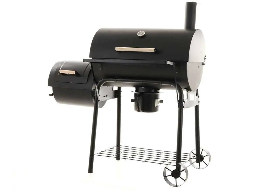 Barbecue à charbon Royal Food CB 650-2 avec fumoir, grilles inox, couvercle et surface de cuisson supplémentaire. Idéal pour grillades, fumage et cuisson indirecte jusqu’à 11 personnes.