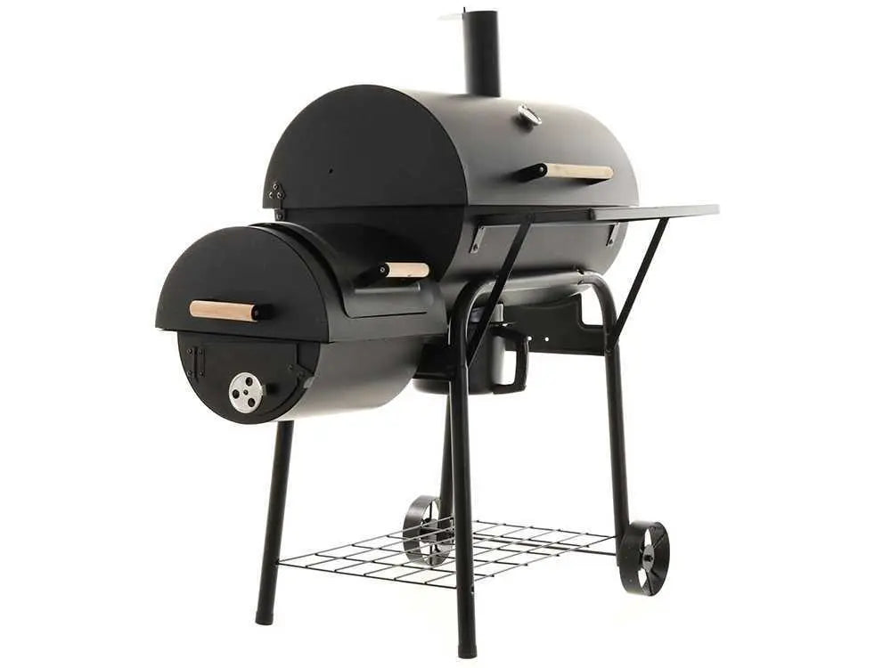Barbecue à charbon Royal Food CB 450 avec grilles inox, couvercle et thermomètre intégré. Surface de cuisson 2520 cm² idéale pour 9 à 11 personnes. Compact, pratique et performant.