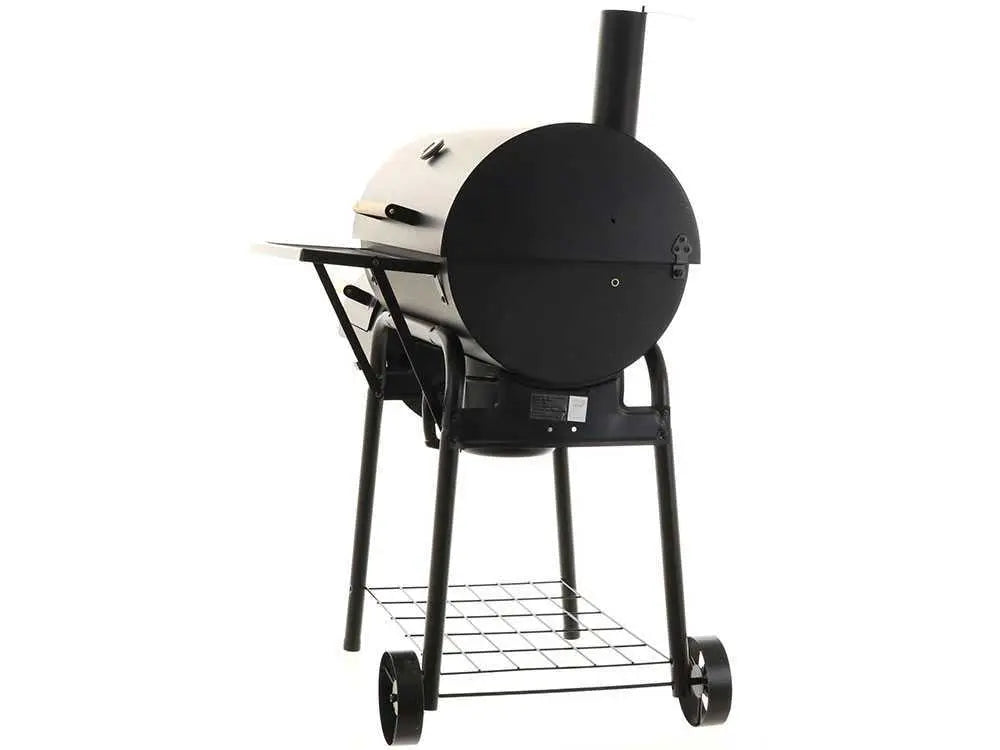 Barbecue à charbon Royal Food CB 650-2 avec fumoir, grilles inox, couvercle et surface de cuisson supplémentaire. Idéal pour grillades, fumage et cuisson indirecte jusqu’à 11 personnes.