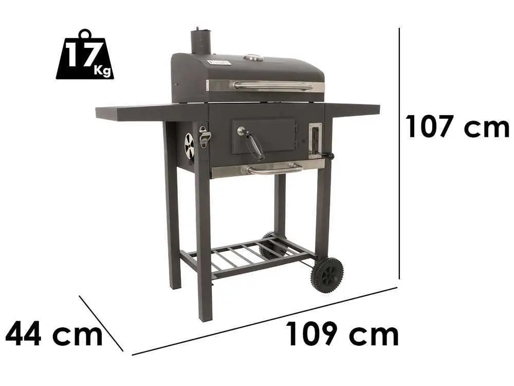 Barbecue à charbon Royal Food CB1450 Small avec grilles inox, couvercle et bac à charbon réglable. Compact, pratique et idéal pour terrasse, balcon et grillades jusqu’à 5 personnes.