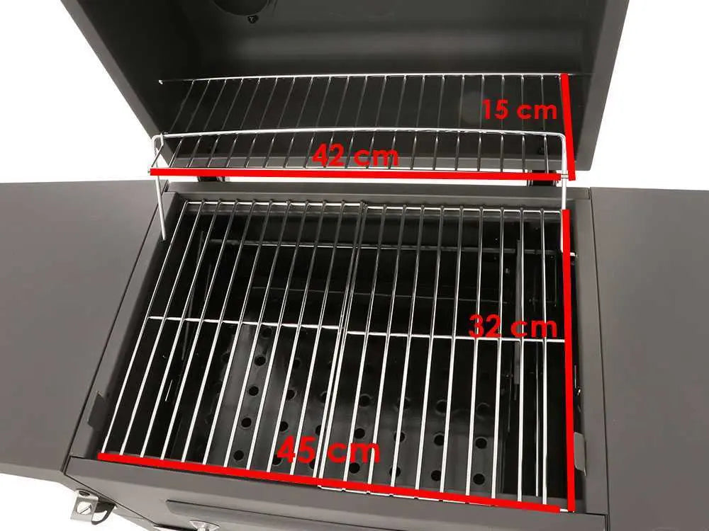 Barbecue à charbon Royal Food CB1450 Small avec grilles inox, couvercle et bac à charbon réglable. Compact, pratique et idéal pour terrasse, balcon et grillades jusqu’à 5 personnes.