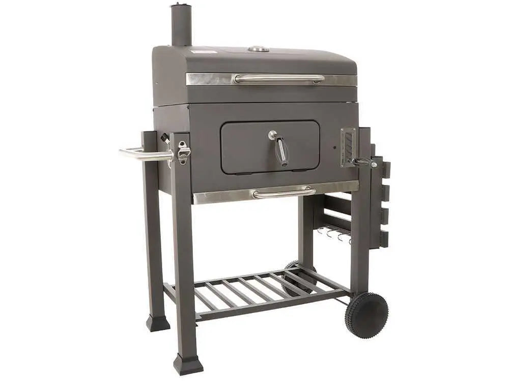 Barbecue à charbon Royal Food XS-C001A avec grilles inox, couvercle, thermomètre et bac à charbon réglable. Grande surface de cuisson idéale pour 9 à 11 personnes.