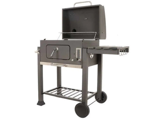 Barbecue à charbon Royal Food XS-C001A avec grilles inox, couvercle, thermomètre et bac à charbon réglable. Grande surface de cuisson idéale pour 9 à 11 personnes.