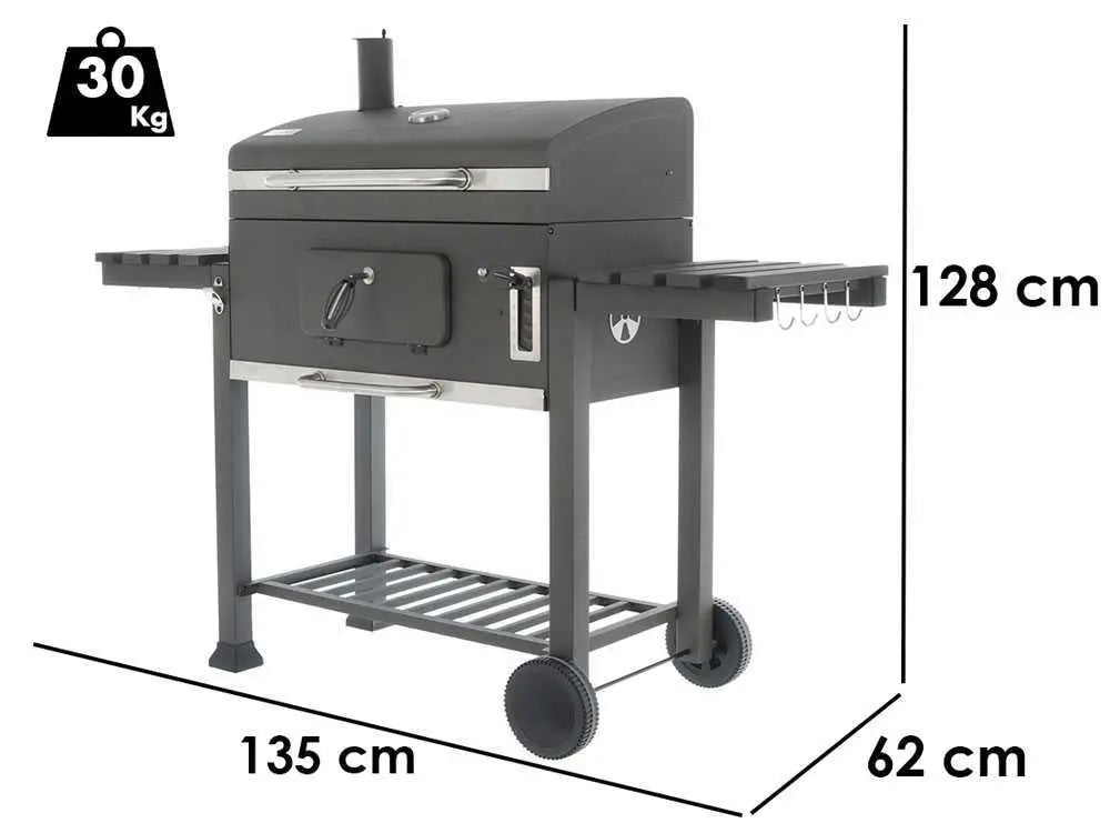 Barbecue à charbon Royal Food CB3000 Large avec grilles inox, couvercle, thermomètre et bac à charbon réglable. Grande surface de cuisson 3000 cm² idéale pour 12 à 15 personnes.