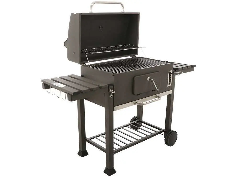 Barbecue à charbon Royal Food CB3000 Large avec grilles inox, couvercle, thermomètre et bac à charbon réglable. Grande surface de cuisson 3000 cm² idéale pour 12 à 15 personnes.