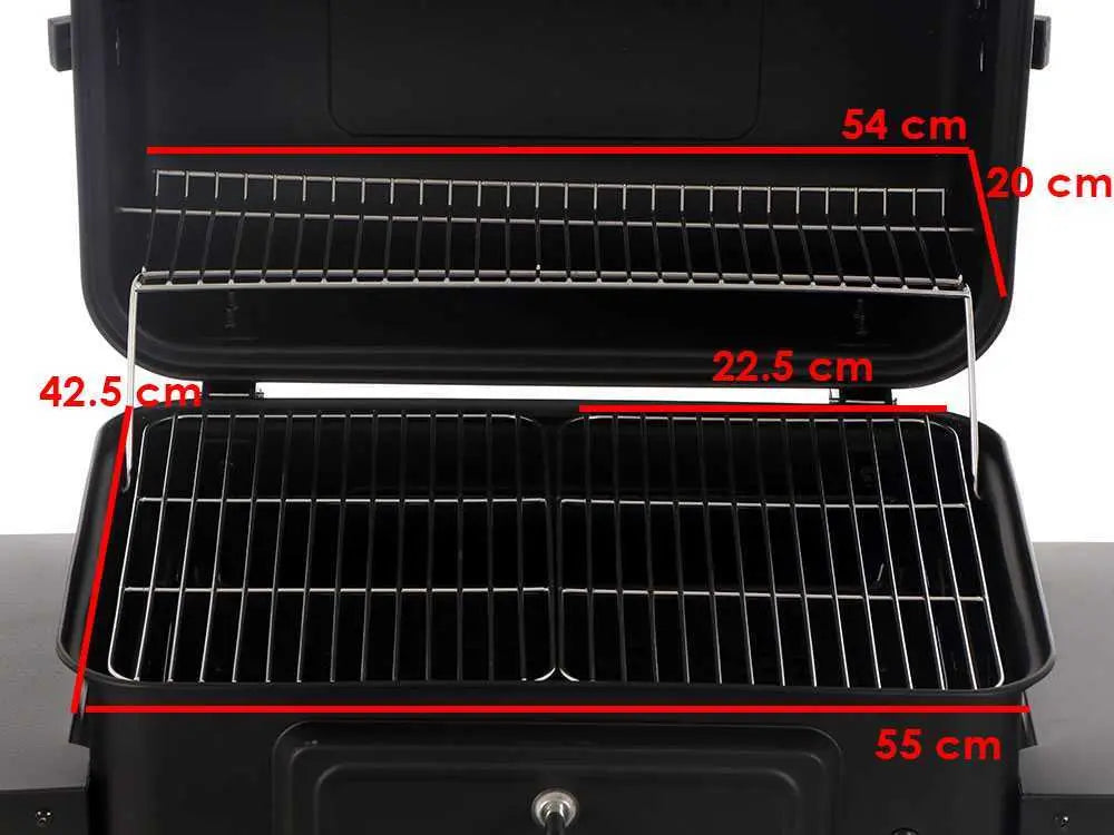 Barbecue à charbon RoyalFood CB 2450 avec grilles inox, couvercle, thermomètre et plateau charbon réglable. Grande surface de cuisson idéale pour grillades et repas jusqu’à 11 personnes.
