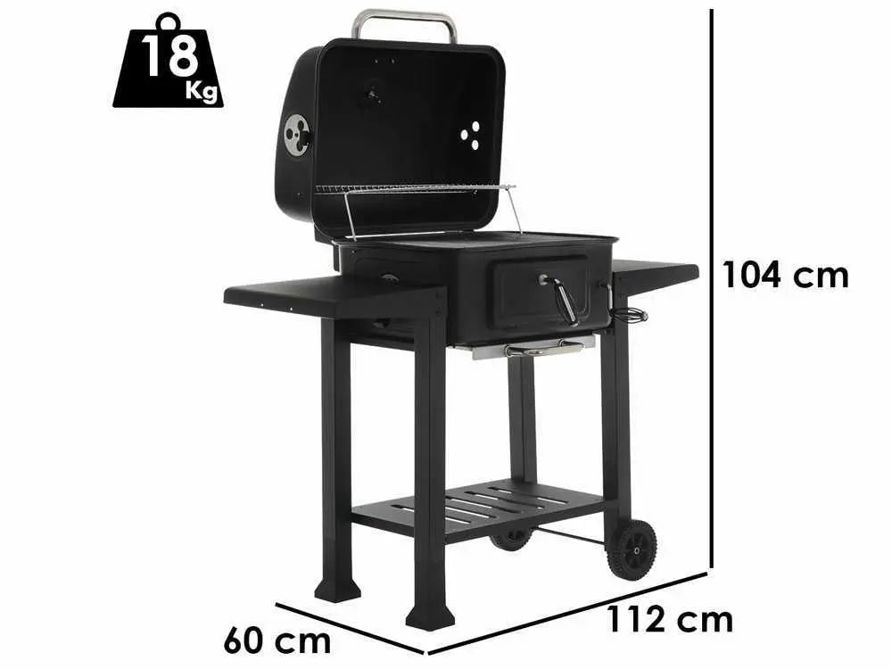 Barbecue à charbon RoyalFood CB 2450 avec grilles inox, couvercle, thermomètre et plateau charbon réglable. Grande surface de cuisson idéale pour grillades et repas jusqu’à 11 personnes.