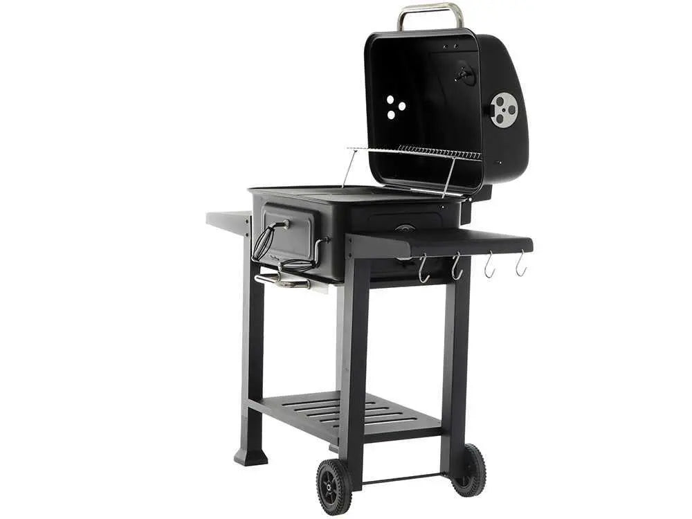 Barbecue à charbon RoyalFood CB 2450 avec grilles inox, couvercle, thermomètre et plateau charbon réglable. Grande surface de cuisson idéale pour grillades et repas jusqu’à 11 personnes.
