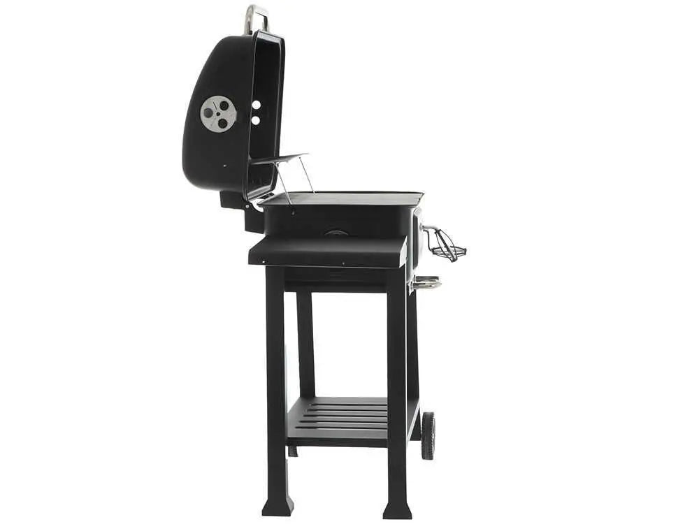 Barbecue à charbon RoyalFood CB 2450 avec grilles inox, couvercle, thermomètre et plateau charbon réglable. Grande surface de cuisson idéale pour grillades et repas jusqu’à 11 personnes.