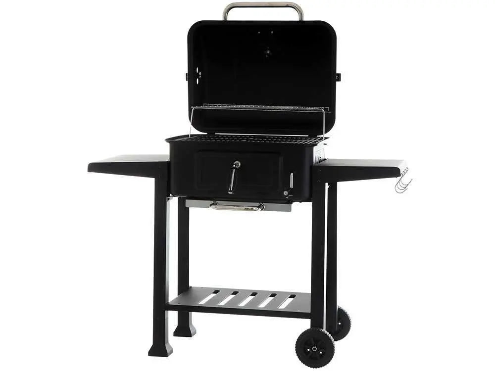 Barbecue à charbon RoyalFood CB 2450 avec grilles inox, couvercle, thermomètre et plateau charbon réglable. Grande surface de cuisson idéale pour grillades et repas jusqu’à 11 personnes.