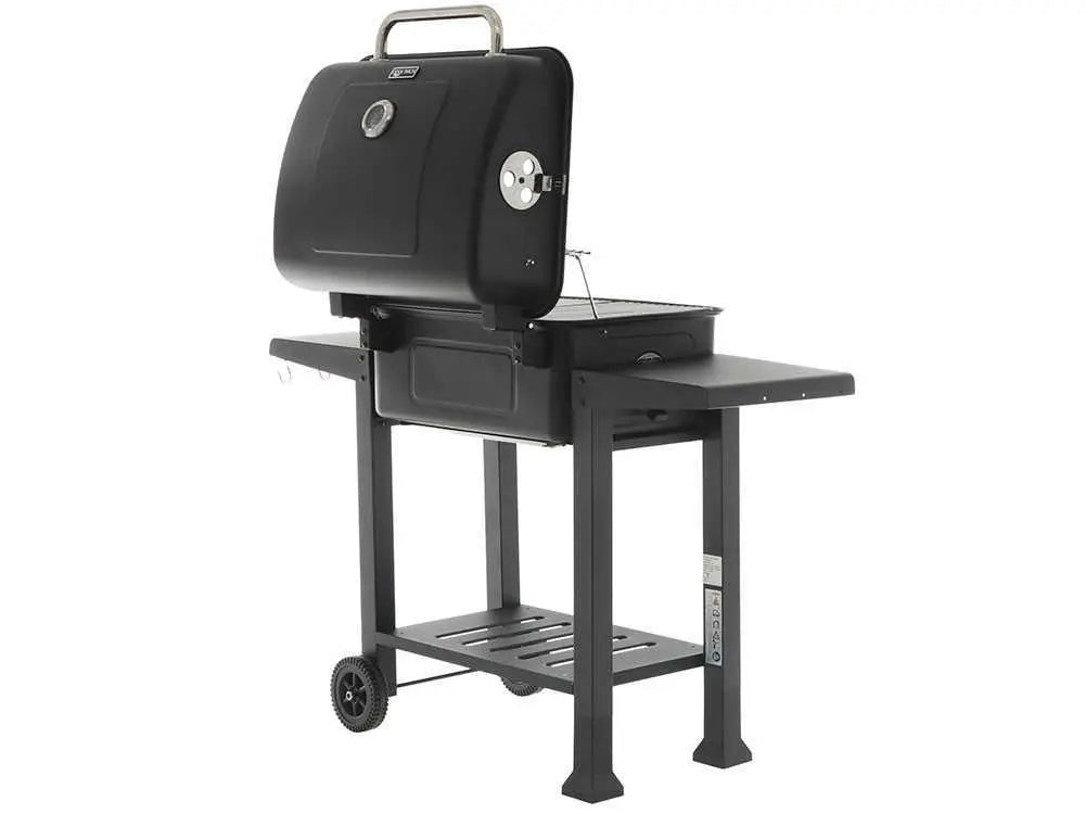 Barbecue à charbon RoyalFood CB 2450 avec grilles inox, couvercle, thermomètre et plateau charbon réglable. Grande surface de cuisson idéale pour grillades et repas jusqu’à 11 personnes.