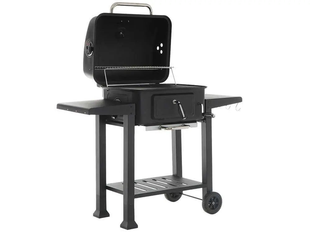 Barbecue à charbon RoyalFood CB 2450 avec grilles inox, couvercle, thermomètre et plateau charbon réglable. Grande surface de cuisson idéale pour grillades et repas jusqu’à 11 personnes.