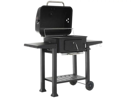 Barbecue à charbon RoyalFood CB 2450 avec grilles inox, couvercle, thermomètre et plateau charbon réglable. Grande surface de cuisson idéale pour grillades et repas jusqu’à 11 personnes.