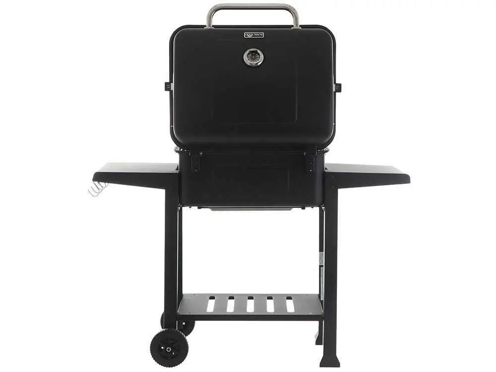Barbecue à charbon RoyalFood CB 2450 avec grilles inox, couvercle, thermomètre et plateau charbon réglable. Grande surface de cuisson idéale pour grillades et repas jusqu’à 11 personnes.