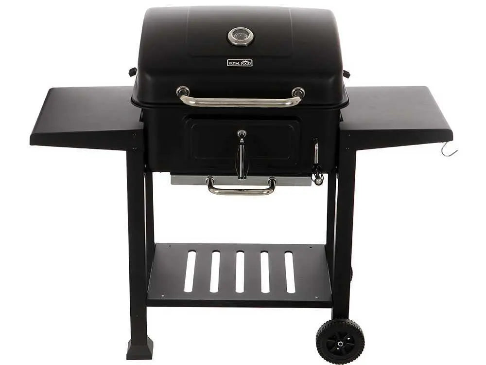 Barbecue à charbon RoyalFood CB 2450 avec grilles inox, couvercle, thermomètre et plateau charbon réglable. Grande surface de cuisson idéale pour grillades et repas jusqu’à 11 personnes.