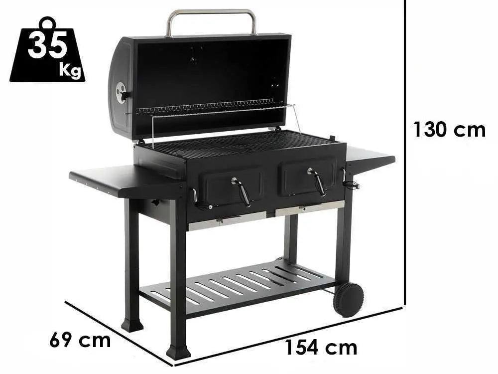 Barbecue à charbon RoyalFood CB 3500 XL avec grilles inox, couvercle, thermomètre et double zone de cuisson. Grande capacité 12 à 15 personnes, idéal pour jardin et terrasse.