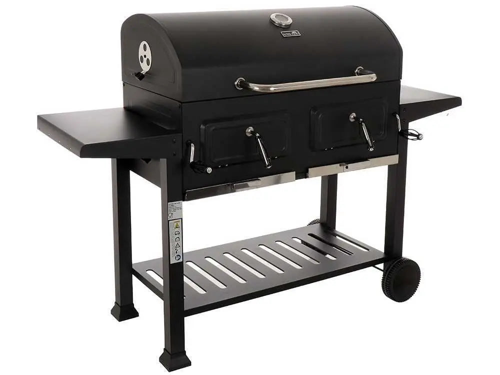 Barbecue à charbon RoyalFood CB 3500 XL avec grilles inox, couvercle, thermomètre et double zone de cuisson. Grande capacité 12 à 15 personnes, idéal pour jardin et terrasse.