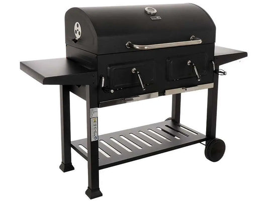 Barbecue à charbon RoyalFood CB 3500 XL avec grilles inox, couvercle, thermomètre et double zone de cuisson. Grande capacité 12 à 15 personnes, idéal pour jardin et terrasse.